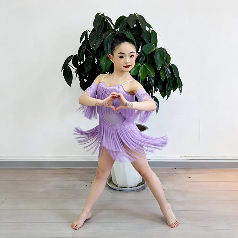 

Tassel Latin Dance Dress for Children Purple Rose Sling Backless Fringe Costume Children Salsa Training Performance Dancesuit