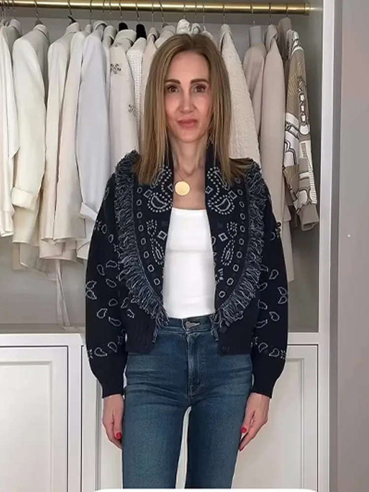 Cardigan court à franges imprimé pour femme, haut uni, manches longues, boutonné, pull ample, Chic, décontracté, tricot de rue, automne
