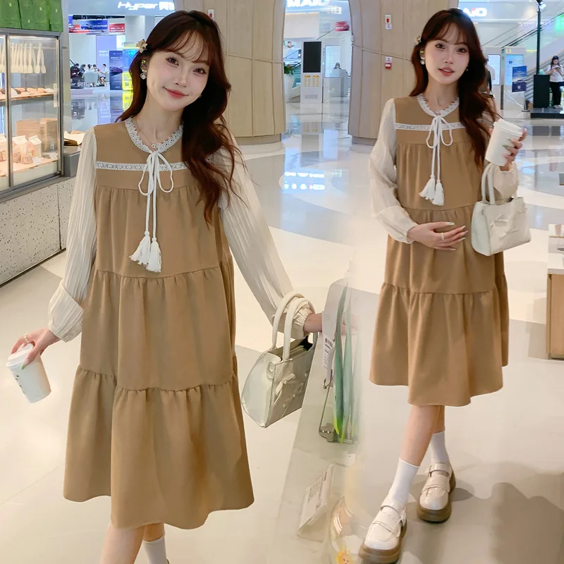 Abito da gravidanza in stile francese Abito longuette finto a due strati a maniche lunghe primaverile Elegante abito premaman femminile confortevole