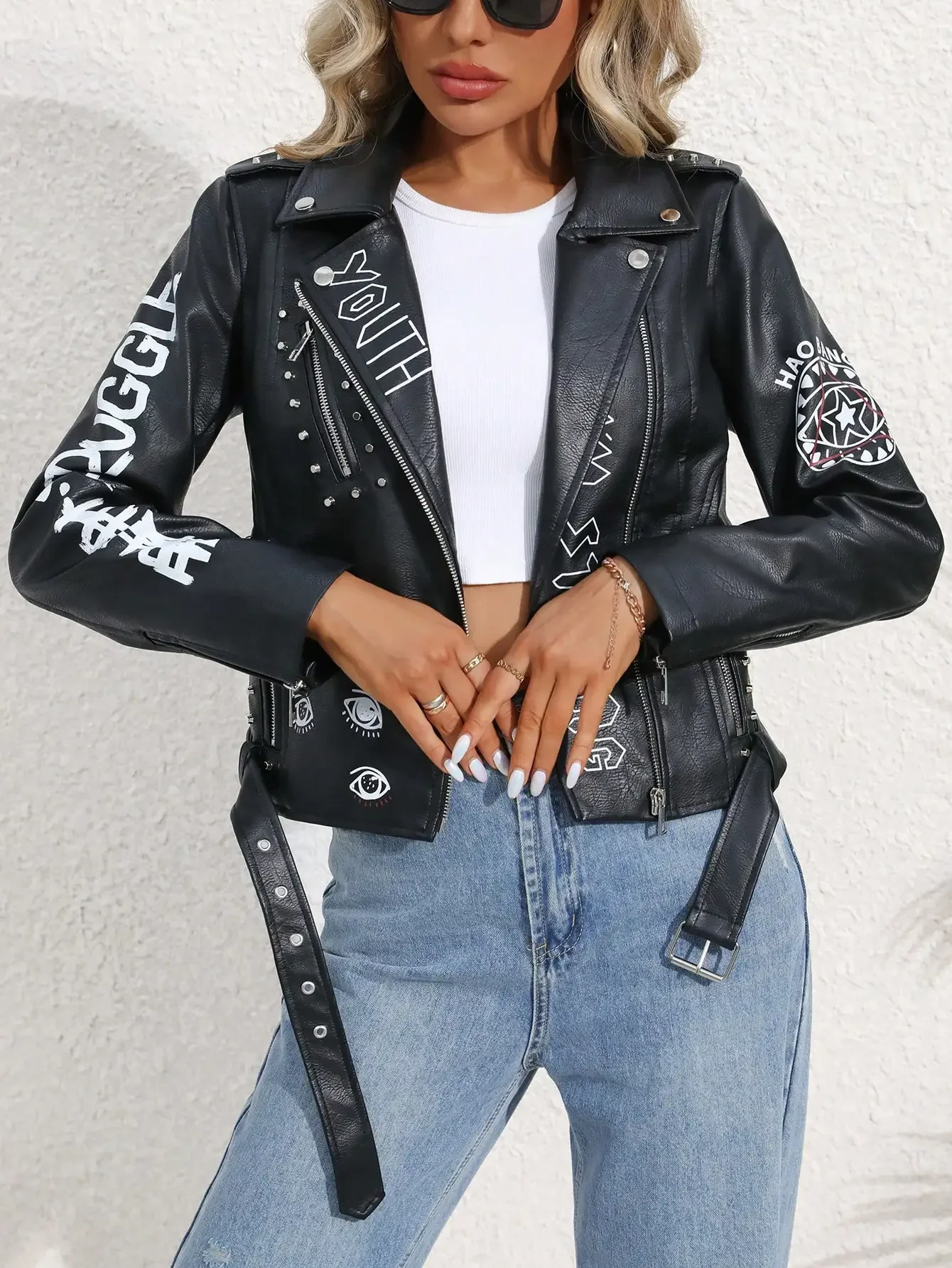 2025 New Top Women Faux PU Leather Jacket Casual Lady Lapel Zipper Graffiti Print Leather Coat Moto Bike Rivet Outwear