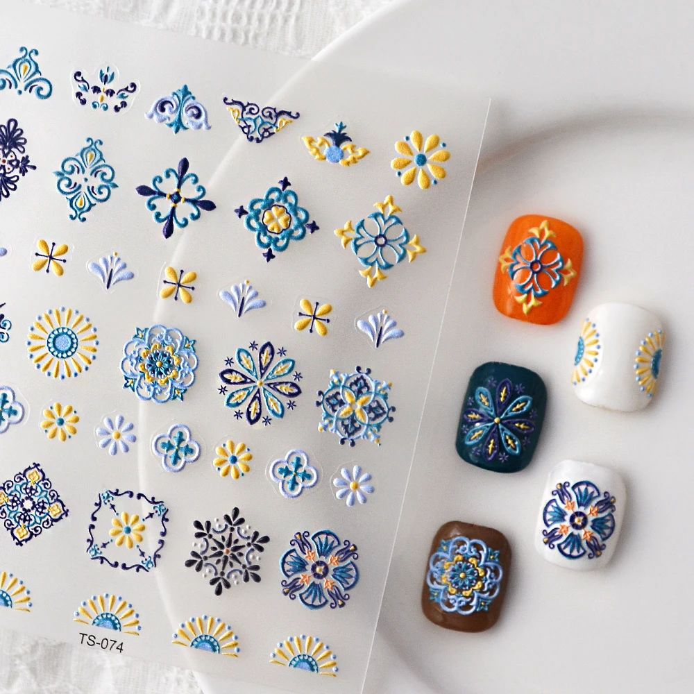 1PCS Bohemian Style 5D Nail Stickers Press on Nails Embossed Symphony Butterfly Flower Stickers Nail Decoration Decals