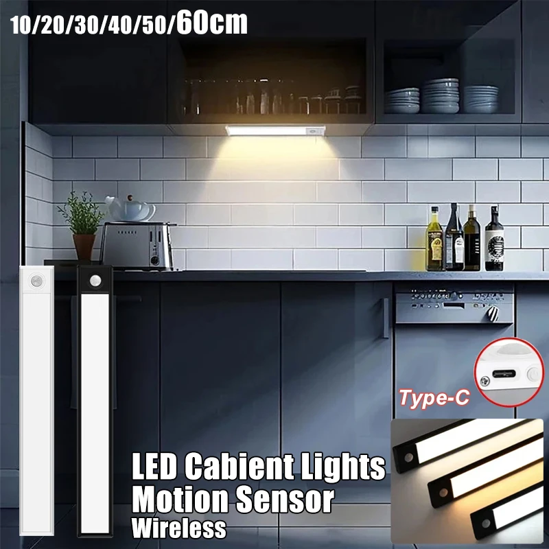 10-60CM LED Motion Sensor Night Light Rechargeable Under Cabinet Lights Wireless Lamp Wardrobe Kitchen Cabinet Bedroom Lighting