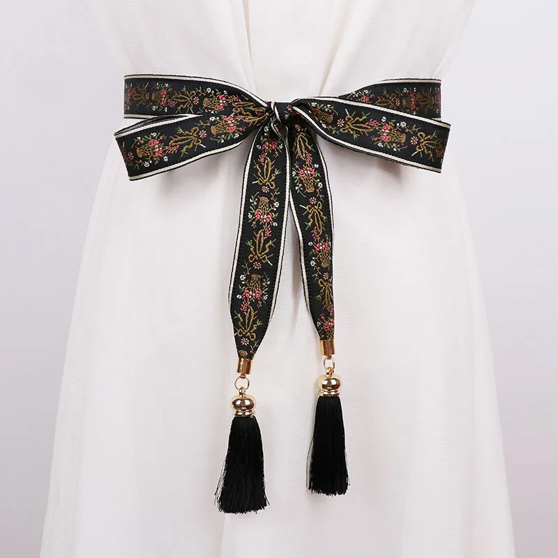 New Ethnic Style Belt Women's Long Skirt Lengthened Tassel Waist Rope Embroidery Delicate Accessories Bow Designer Belt