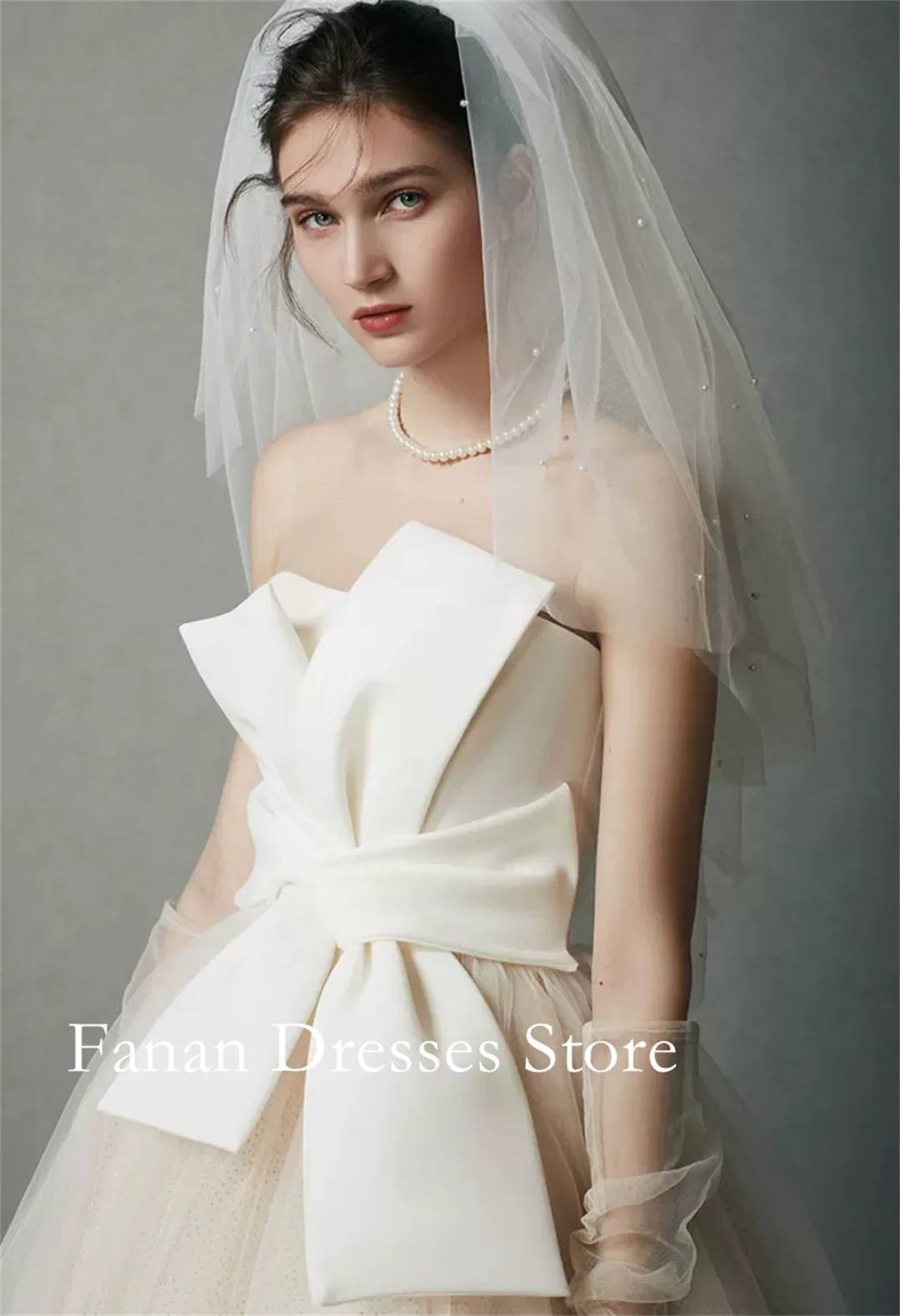 FANAN Strapless Tulle Princess Simple Elegant Sleeveless Bow Wedding Dresses 웨딩드레스 Ivory Customized Pretty  Bride Dresses