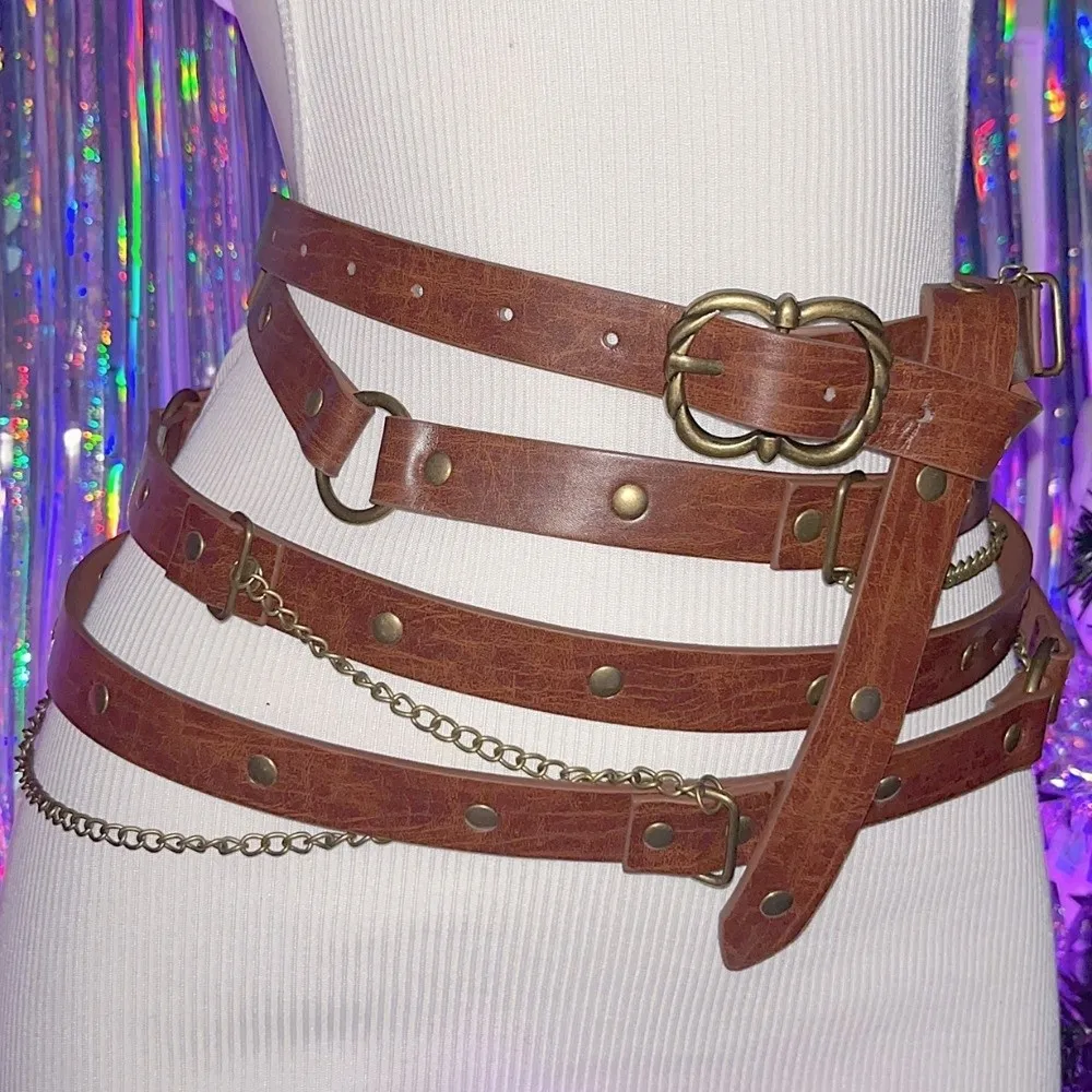 قابل للتعديل القرون الوسطى DIY فو حزام جلد رقيقة متعدد الطبقات فايكنغ أحزمة الخصر خمر دبوس معدني مشبك حزام على شكل سلسلة الزي اليومي