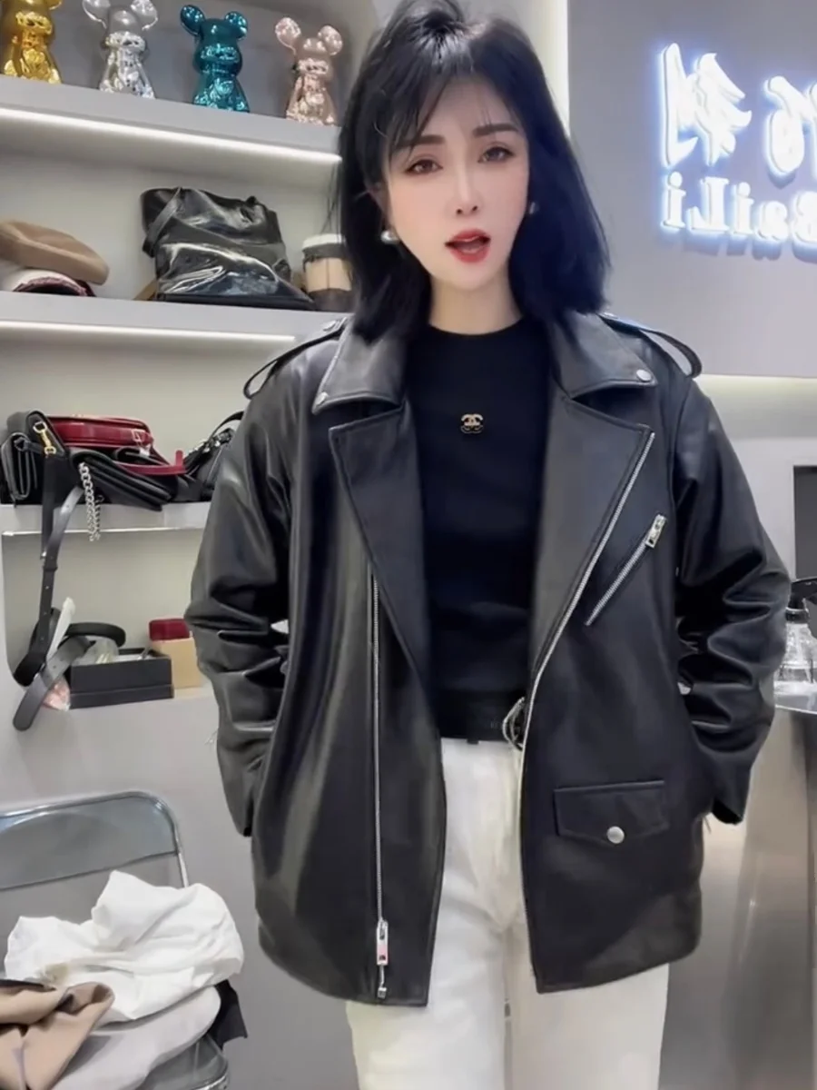 

Trendy Motorcycle Sle ort Leather Jaet Women's Outerwear Thin Genuine eepskin Coat Long Sve Commute Sle Spring New