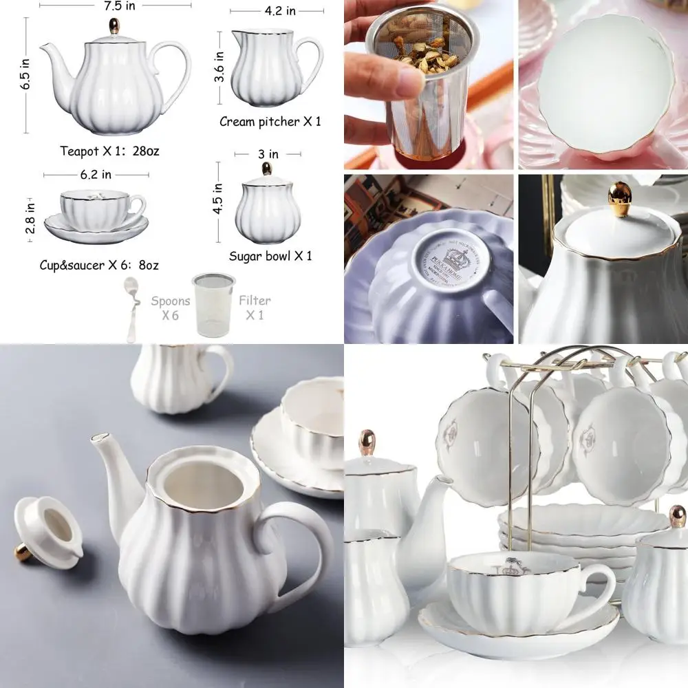 

Королевский британский фарфоровый чайный сервиз, чашки и блюдце на 8 унций на 6 человек, с чайником, сахарной чашкой, сливочником, чайными ложками и ситечком для чая/кофе