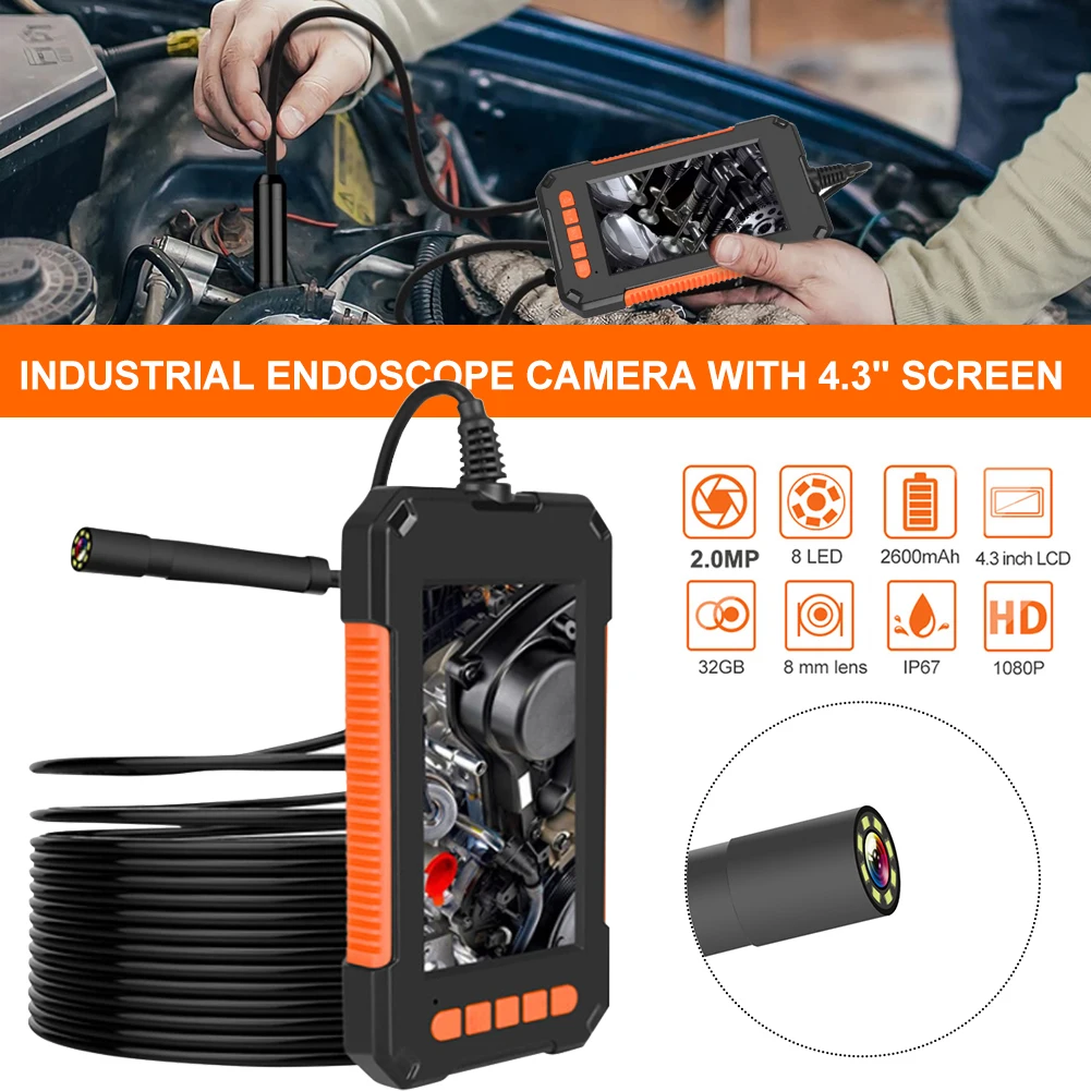 NEW 4.3 inch LCD screen industrial endoscope camera HD 1080P 2/5m IP67 waterproof car repair field adventure tool with led