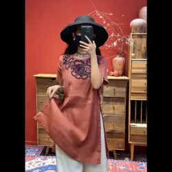 2024 new summer style chinese cotton hemp pan button retro ethnic style summer heavy short sleeve industry embroidery dress
