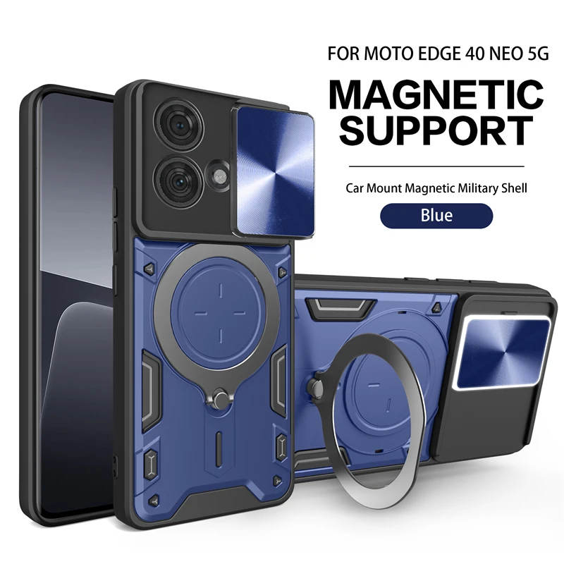 For Motorola Edge 40 Neo Case Slide Camera Lron Ring Protection Stands Kickstand Phone Case For Moto Edge 40 Neo 5G Back Cover