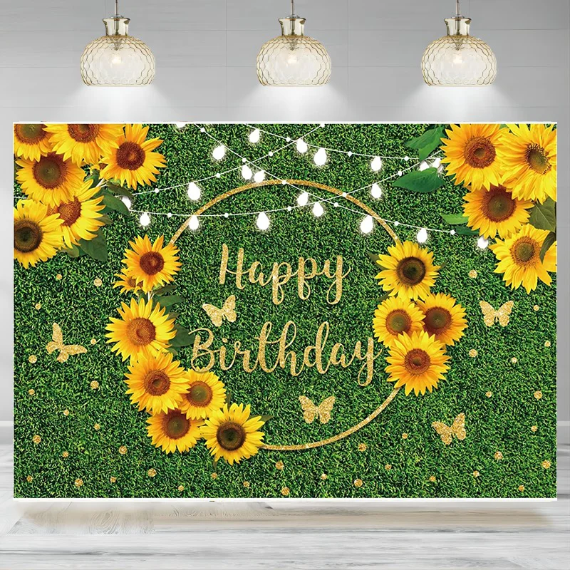 

Sunflowers Happy Birthday Party Backdrop Golden Glitter Lawn Photography Background Decor Banner Photo Booth Supplies