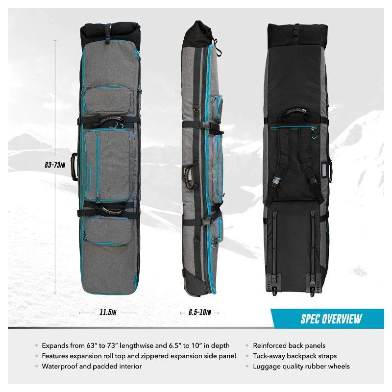 Expandable Snowboard and Ski Bag with Wheels Fits 2 Boards or 2 Sets of Skis up to 70in Expandable Main Compartment