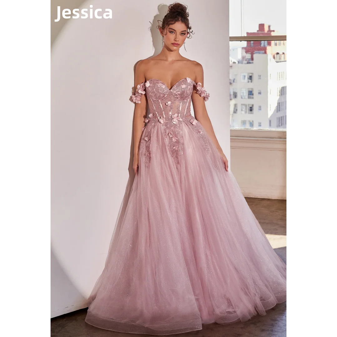 

Jessica Sweet Pink Prom Dresses 3D Appliqué Tulle Women's Evening Dresses Wedding Dress Formal Party Dresses Robes De Soirée