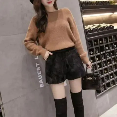Thick Shorts Women Stretch High Waist Plush Shorts 2024 Autumn Winter Faux Fur Women Casual Women Shorts Black Boot Pants