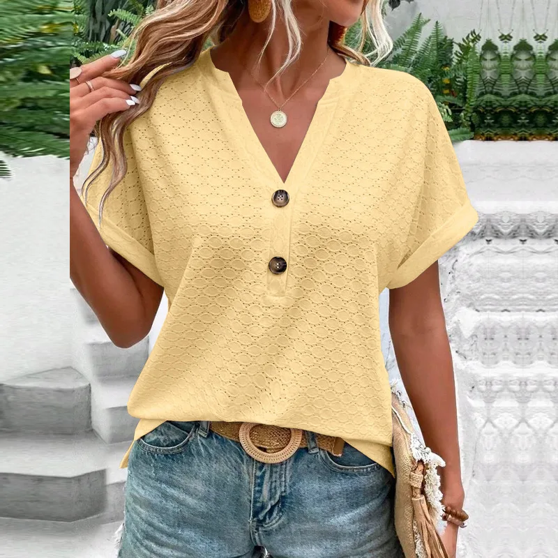 Breathable Women\'s V-neck Shirts Summer Tops Soft Pullovers Hollow Out Design Loose Fit Button Stylish Blouse Female Clothing