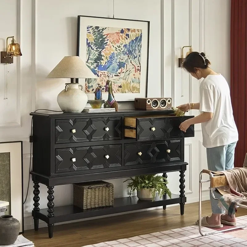 French Black Solid Wood Porch Cabinet Retro Entryway Storage Chest Wall Partition Screen Console Table for Living Room Aisle