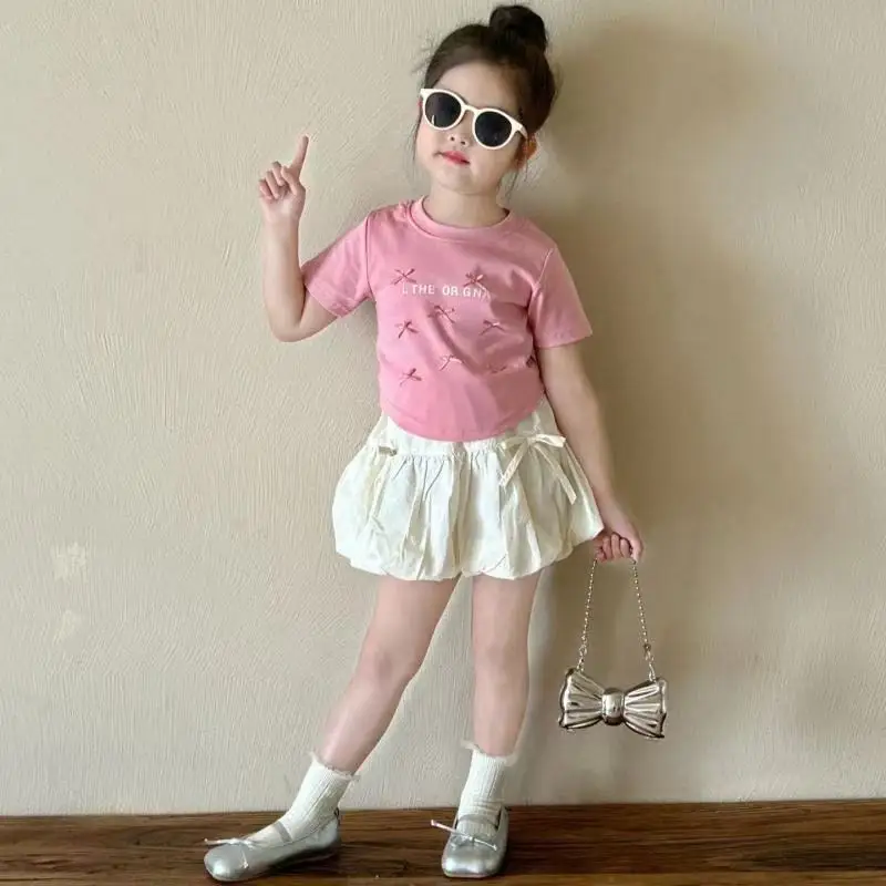 Baby Clothes Set Girls Bow Blouse Suit Children Sweet Top Bud Skirt 2 Pieces Summer New Fashion Short-Sleeved T-Shirt Outfit