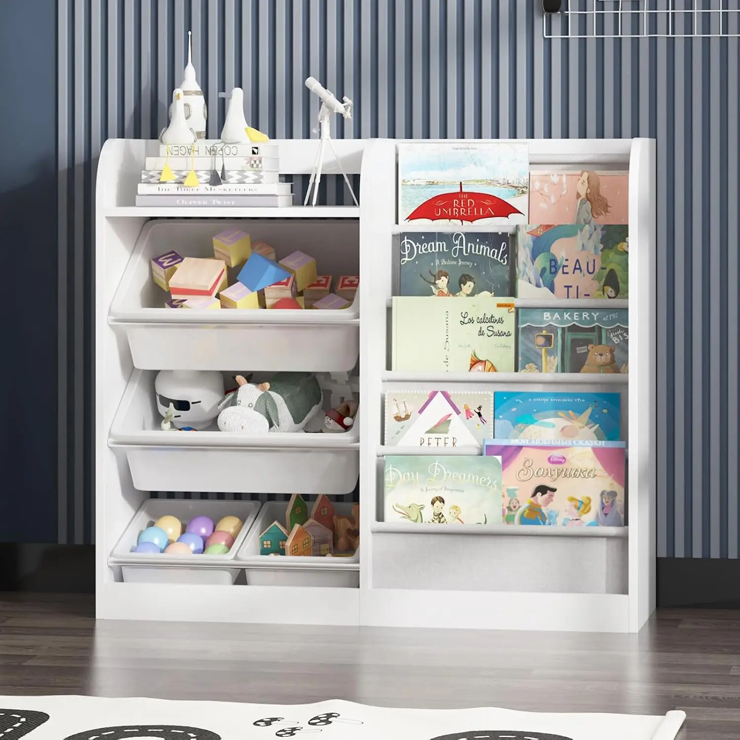 Bookshelf & Toy Storage Organizer W/4 Removable Plastic Toy Bins Children Bookcase Toddler Baby Sling Book Rack Cabinet for Play