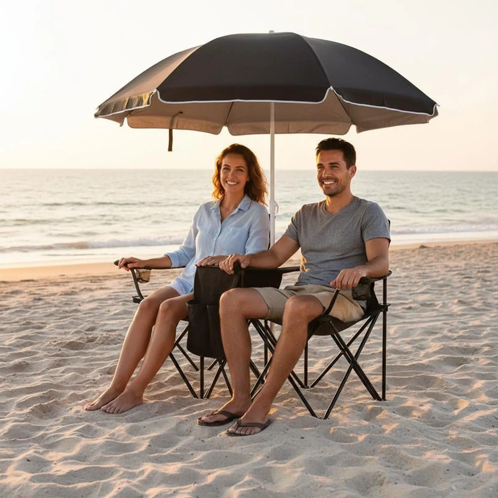 Portable Double Leisure Chair with Umbrella Folding Outdoor Loveseat for Camping Garden Patio Fishing