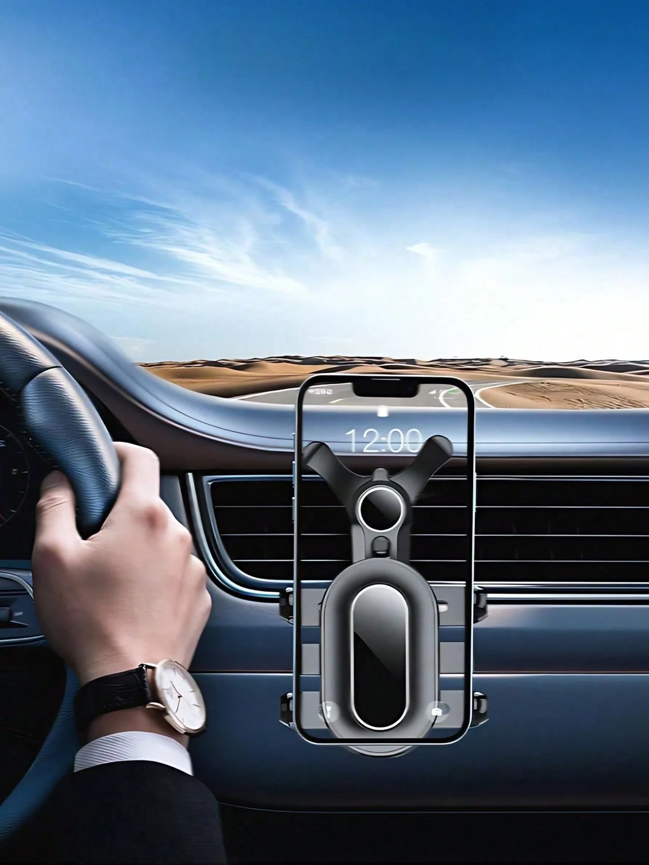 

Car Air Vent Phone Mount – 360° Rotation with Gravity Sensor Clamp, Metal Hook & Adjustable Arm, Non-Blocking Design, Fits 4.7-7