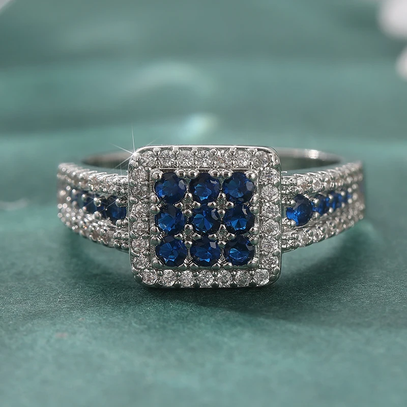 Exquisites Eingelegtes Weiß-Blaues CZ Damen-Ringset Trendiger Silberfarbener Geometrischer Alltags- und Party-Schmuck Jubiläumsgeschenk – Detail 1