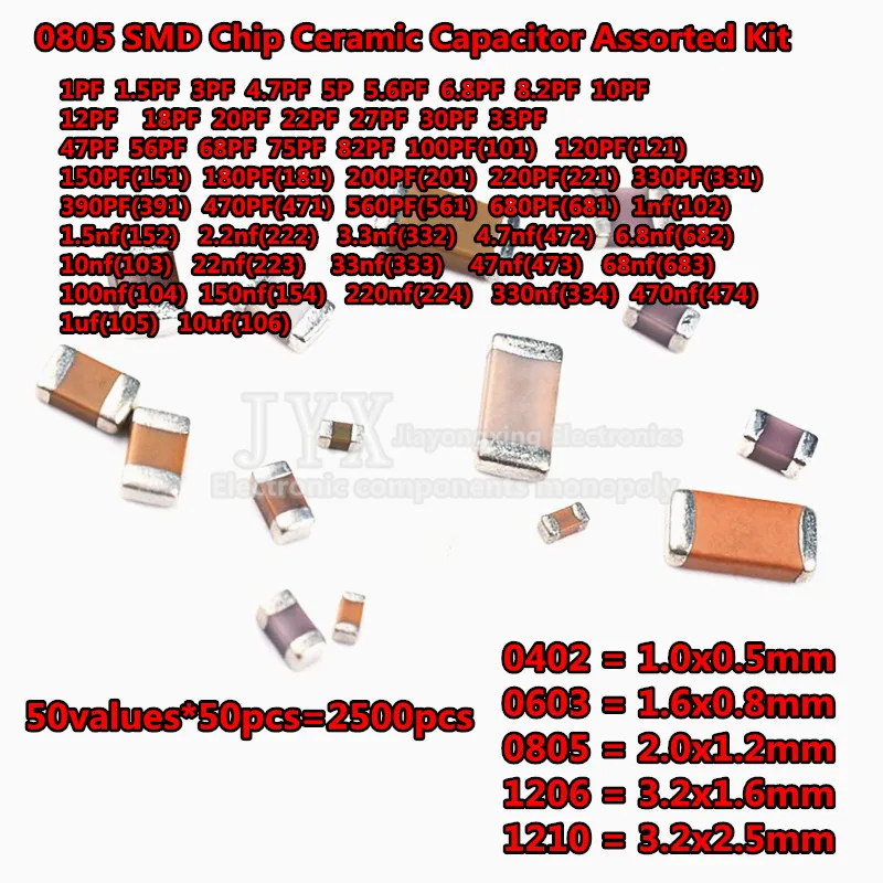 0805 SMD Chip  Ceramic Capacitor Assorted Kit 1pF~10uF 50values*50pcs=2500pcs Samples Kit