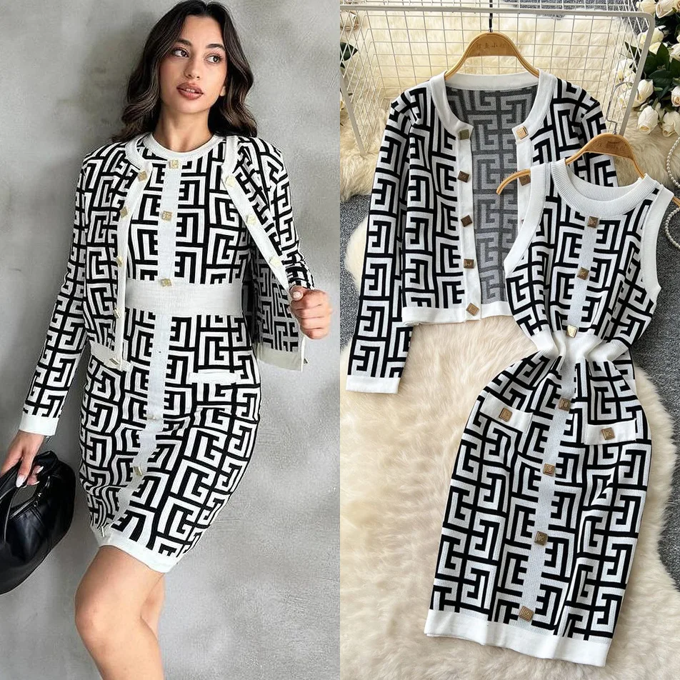 

Women Dress Set Two Piece Sets Full Sleeve V Neck Coats Long Dresses High Waist Y2k Streetwear Elegant Splice Work Knit