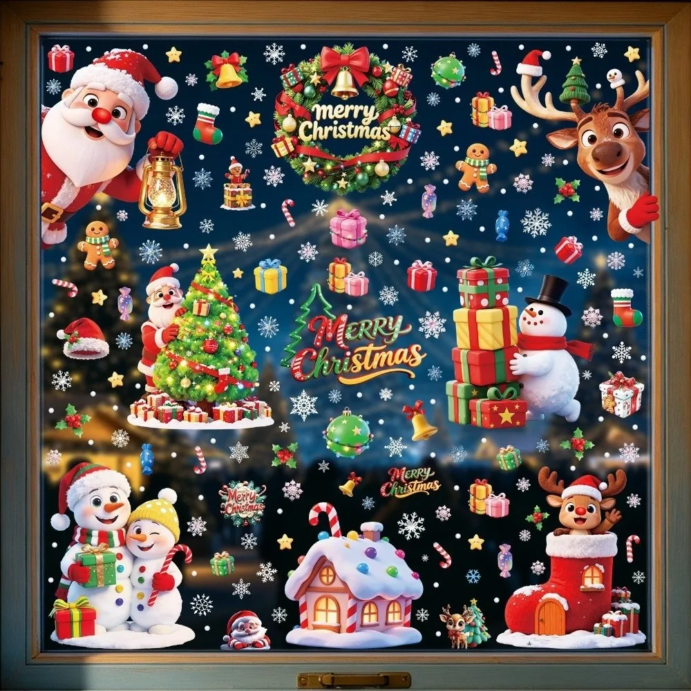 Multicolor Merry Christmas Window Sticker Snowflake Santa Snowman Electrostatic Holiday Window Stickers Shopwindow Ornament