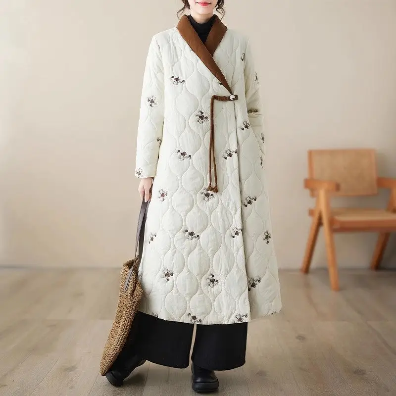 Chinese Style Winter Embroidered Cotton Coat For Women 2023 Fashion Cross Collar Hanfu Ancient Style Long Jacket Abrigos Z3721