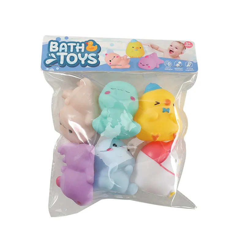 Kawaii 6 unids/lote juguetes de baño Animal suave dinosaurio polluelo juguete con sonido envío rápido presente para bebés niñas niños