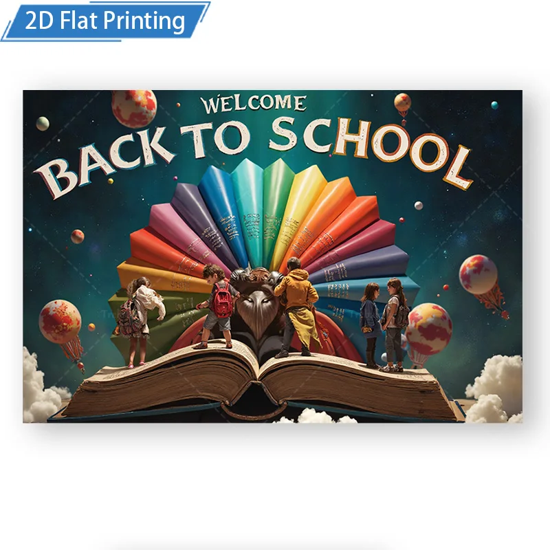 قطعة واحدة من نسيج الحائط للعودة إلى المدرسة، نسيج مطبوع ثنائي الأبعاد مع مشهد الكتب العملاقة وكتب قوس قزح #2