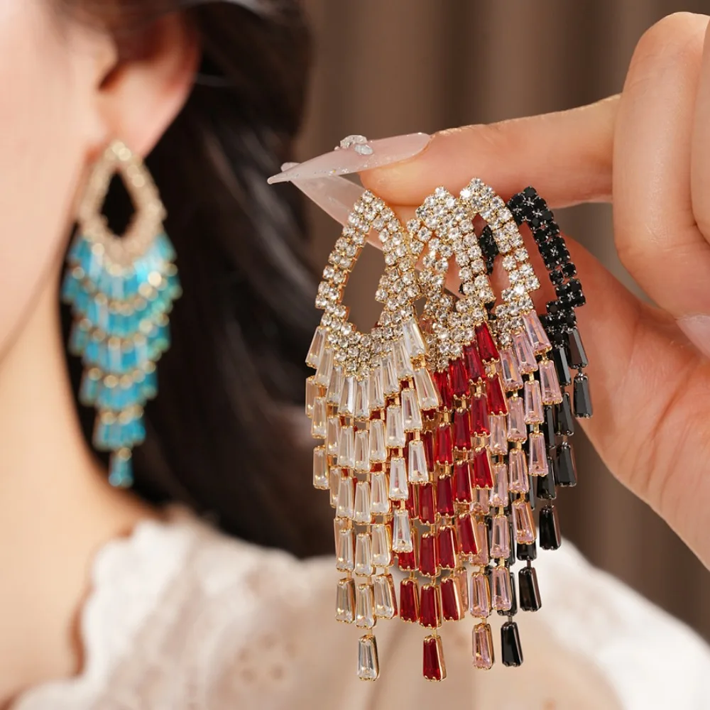 Exquisite Retro Waterdrop-shaped Frame Pink Rectangular Zircon Tassel Dangle Earrings for Women Fashion Banquet Dress Jewelry