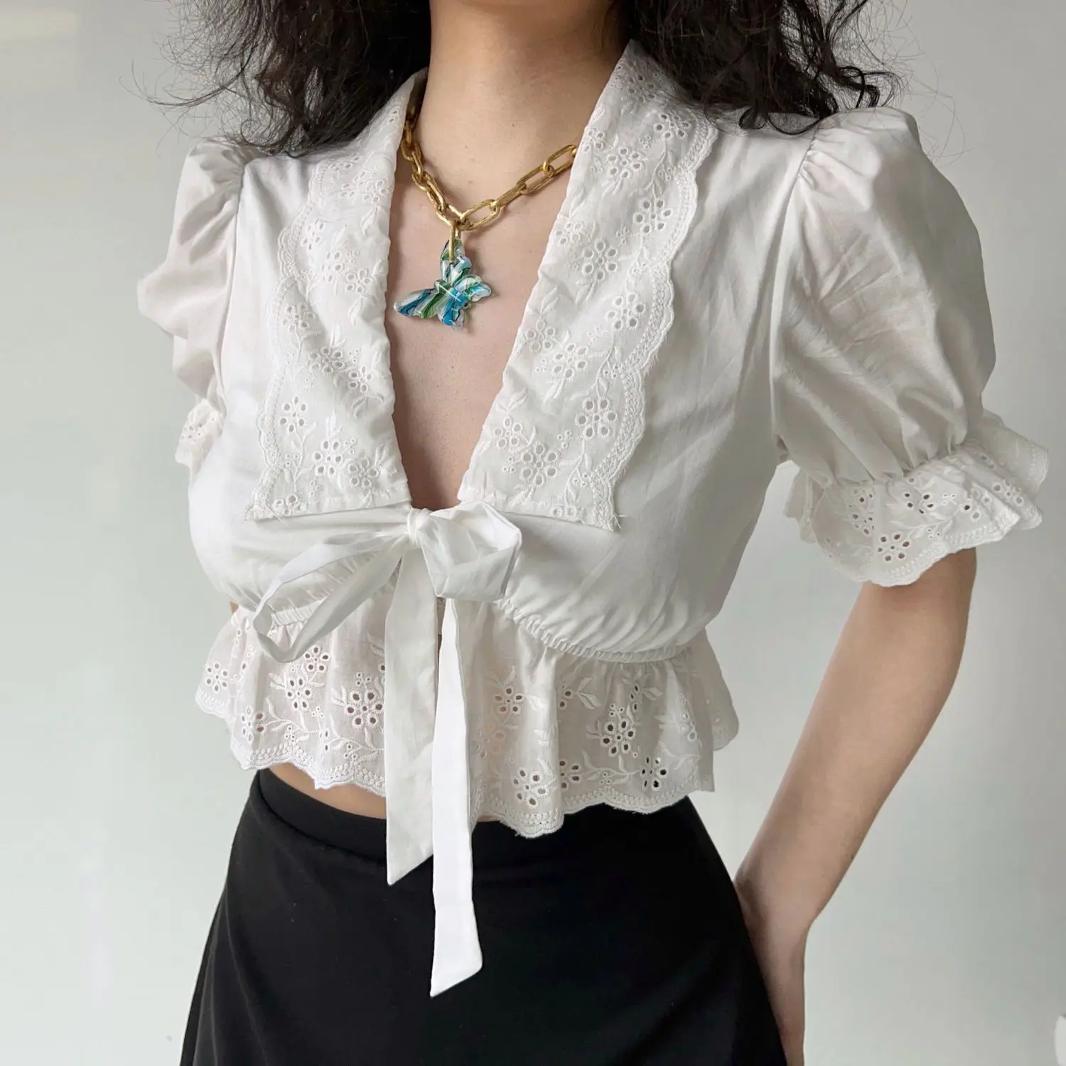 Bubble Sleeve Embroidered Lace Strap Sexy Versatile White Shirt Women's Short Top Shirt