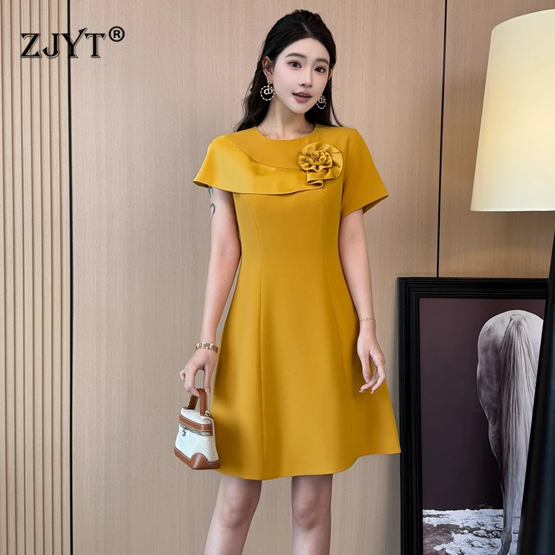 

ZJYT 2025 Designer Women's Summer Fashion Dress Short Sleeve Floral Ruffles Patchwork A-Line Knee-Length Casual Yellow Black