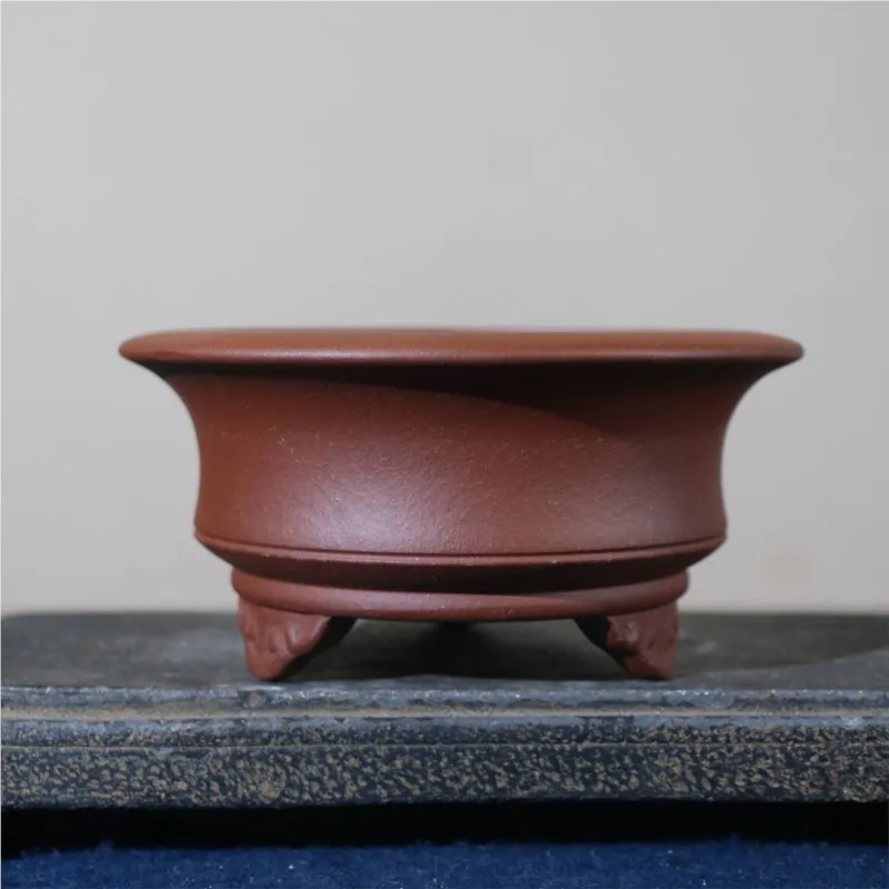 Purple Clay Flower Pot Circular Bonsai Pot Handmade Three Legged Tabletop Potted Plant Yixing Classical Antique Style Flowerpot