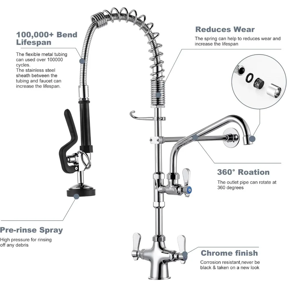 Commercial Kitchen Faucet with Single Hole Deck Mount and Pre-Rinse Sprayer, Including 10-Swing Add-on
