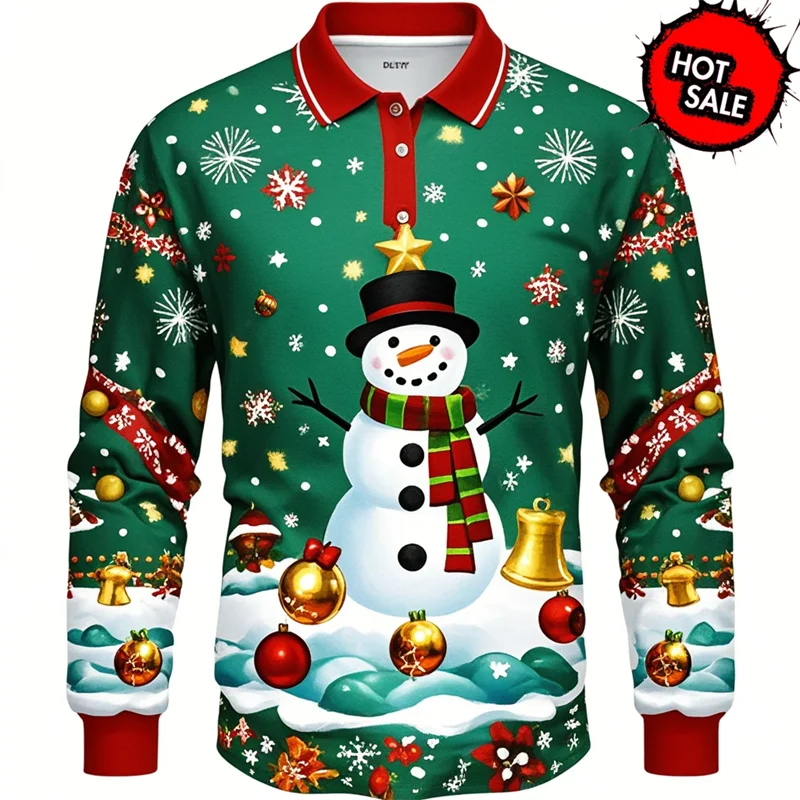 3D Cute Santa Claus Xmas Printing Polo Shirt For Men Women Merry Christmas Graphic Men Long Sleeve Crew Neck T-shirt Tops