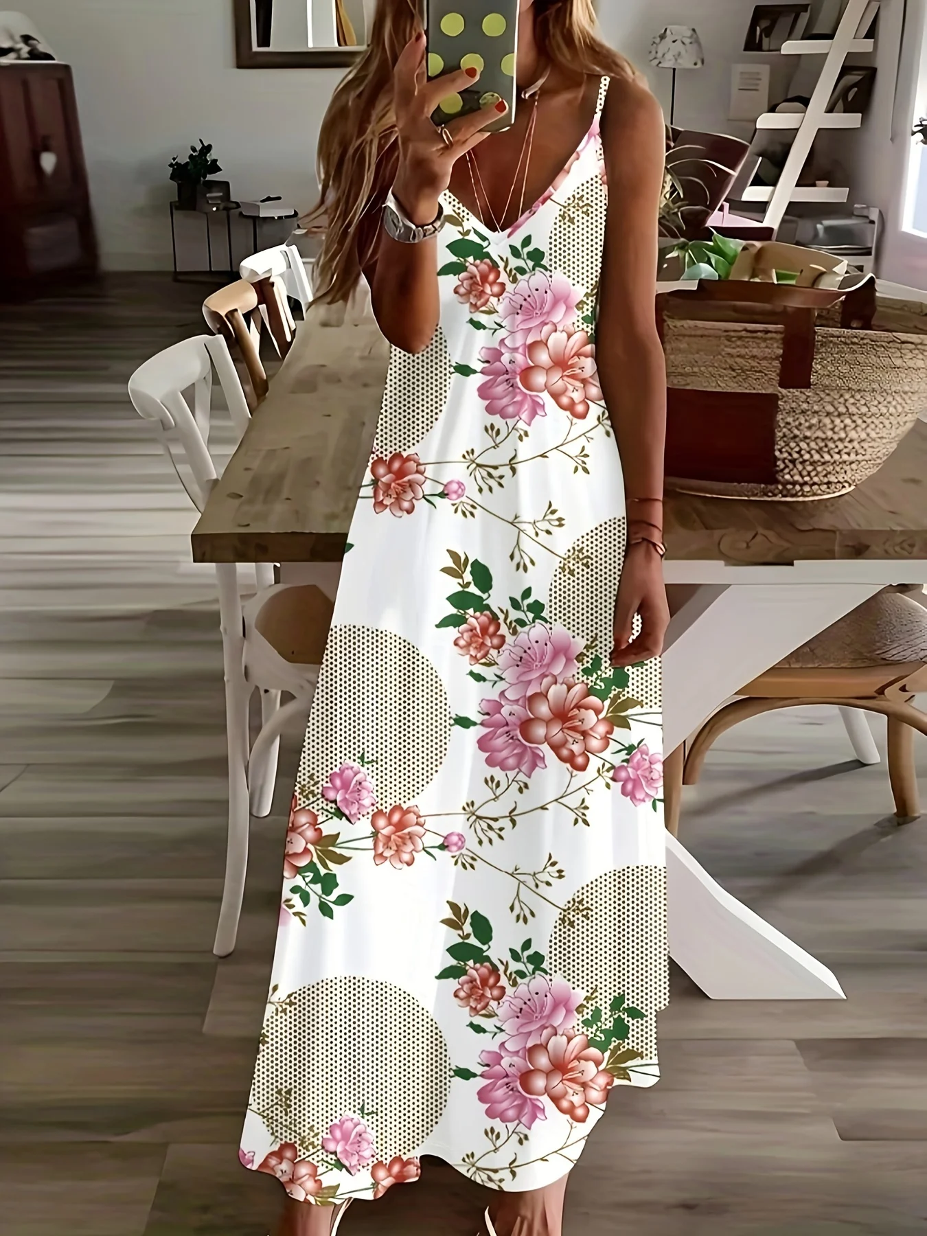 Printed Design Casual Storm Dot Floral Paneled Slip Dress