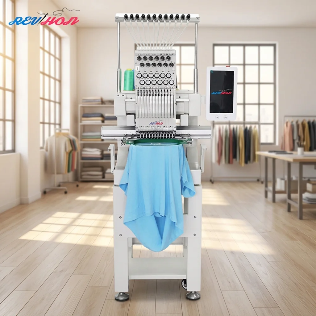REVHON Mini Embroidery Machines 1 Head 12 Needles 1200 RPM Automatic Multifunctional Embroidery Machine