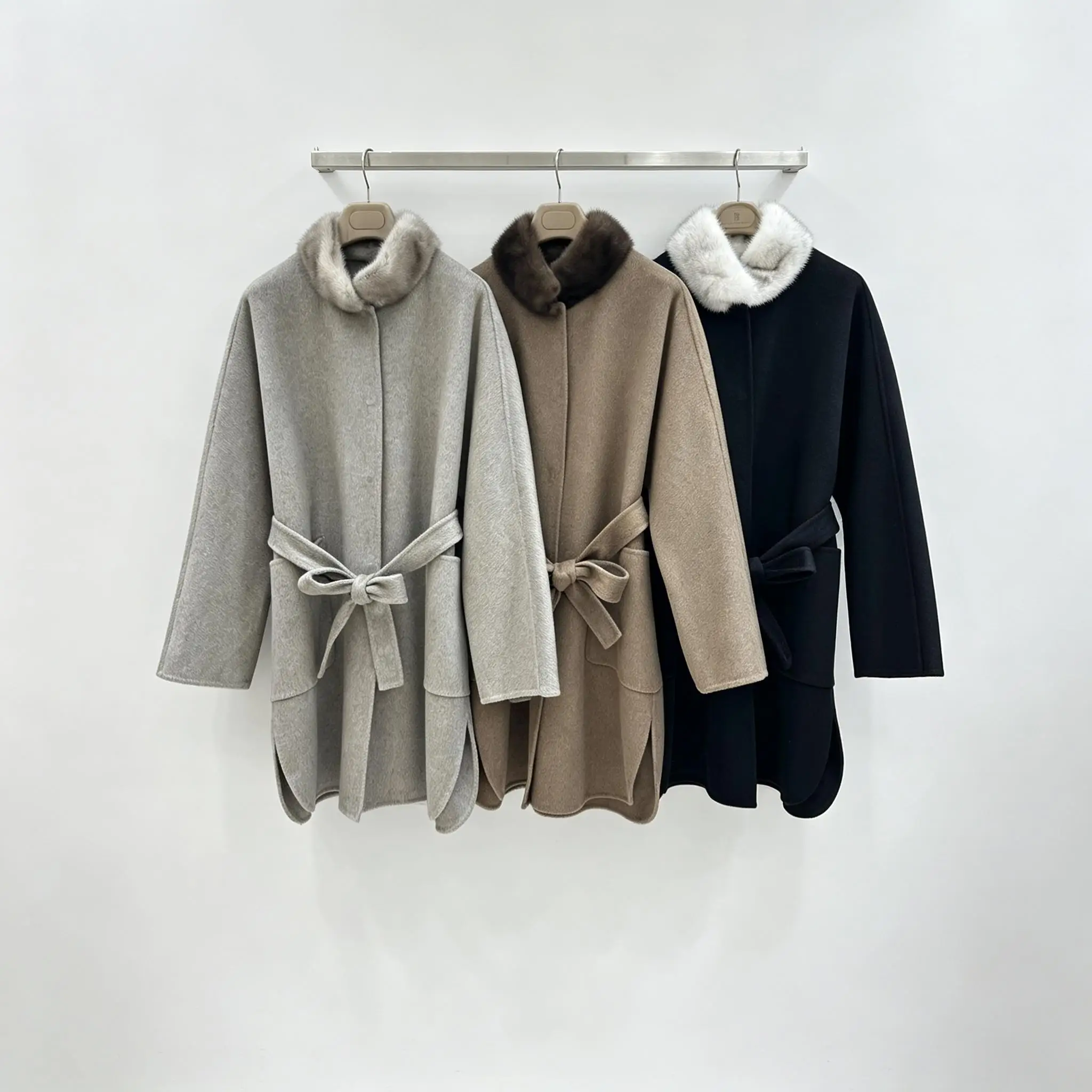 Luxury Fur Collar Double‑Sided Wool Coat Women Belted Loose Woolen Outerwear