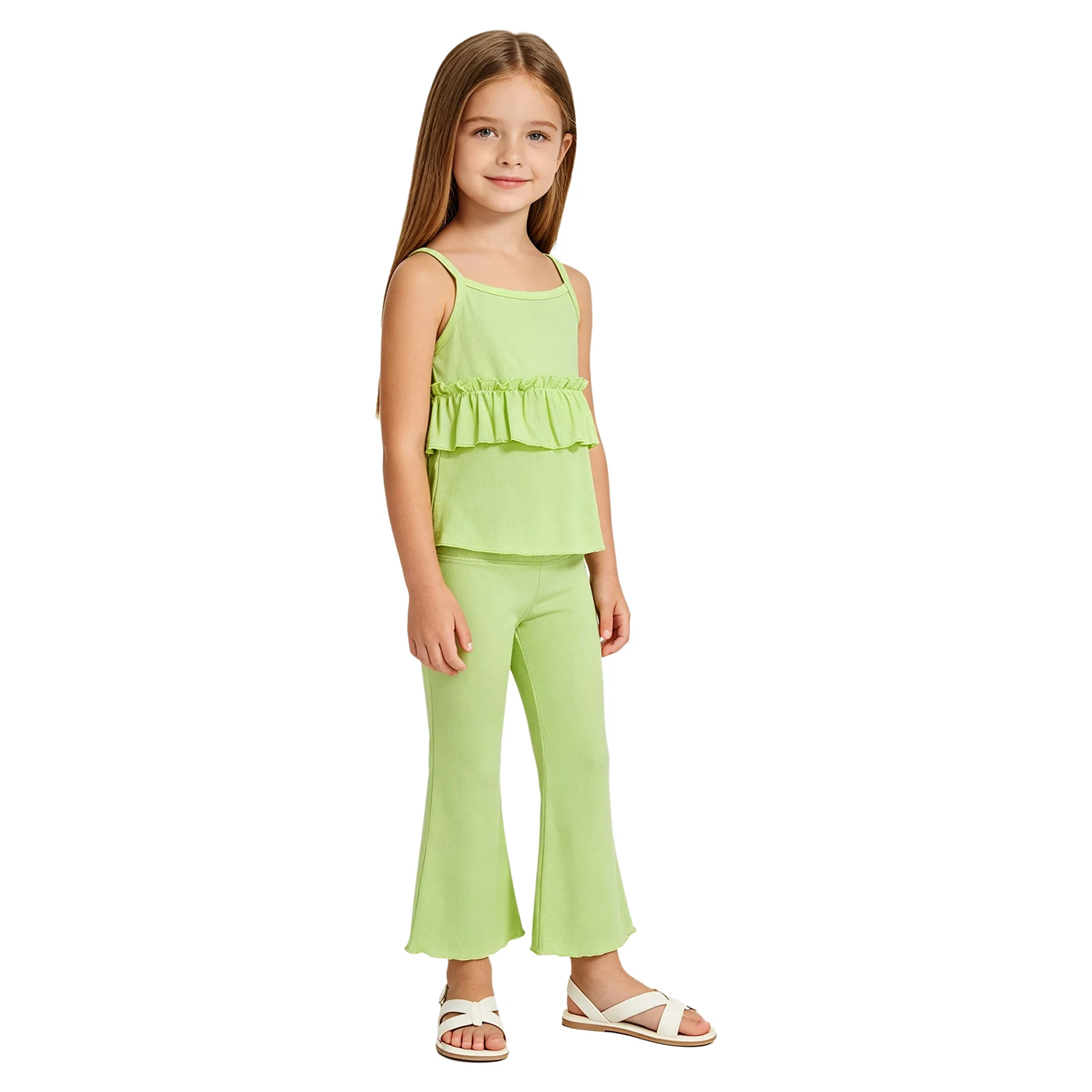 Kids Girls Spaghetti Straps Tops with Flared Pants Set for Daily Wear Vacation Party Two-piece Outfit Children Clothing Suit