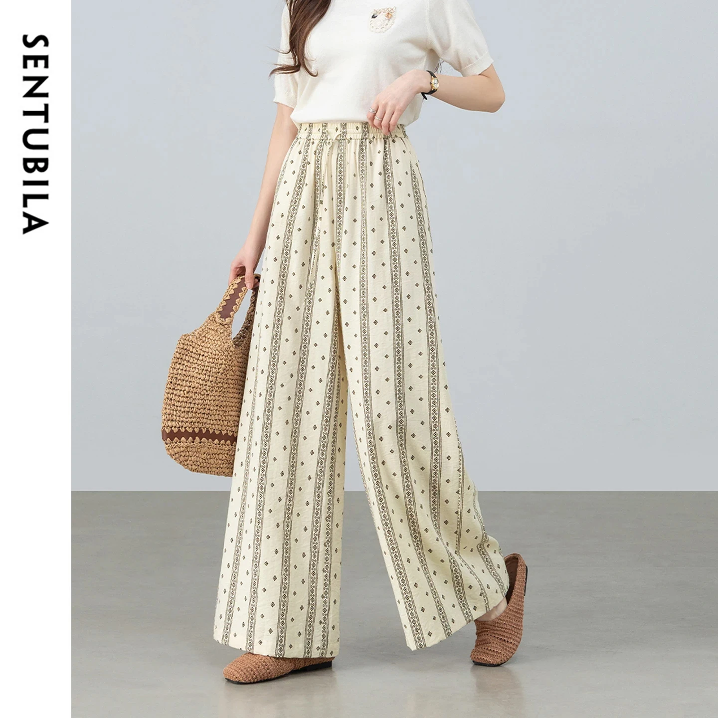 

Женские этнические широкие брюки SENTUBILA, новинка лета 2026, винтажные, с геометрическим принтом, на шнурке, с эластичным поясом, свободные, 162KD4131