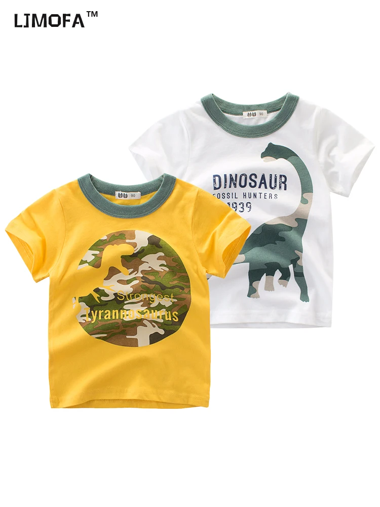 

LJMOFA Summer Child Kid T Shirt For Baby Boy Girl Cotton Clothes Animal Printing Dinosaur Cartoon Short Sleeve Top Outfit D418