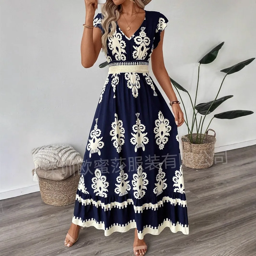Abito lungo Boho stampato floreale moda estiva donna scollo a V manica volante vacanza vacanza spiaggia vestito estivo abiti da festa abiti