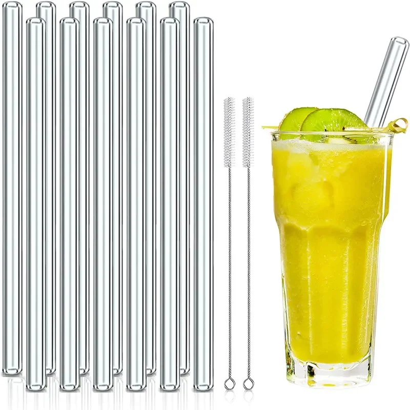 

Reusable Glass Straws 200mm Straight Glass Drinking Straws 12 Pack with 2 Cleaning Brushes Smooth for Beverages Shakes Milk Tea