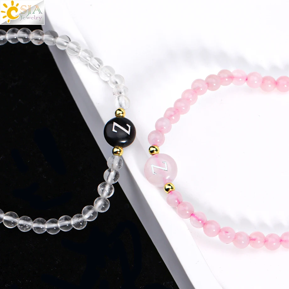 CSJA Natural Stone Initial Bracelet 4mm Pink Crystal Beads Bangle Letter A-Z Birthday Bracelets for Women Girl Jewelry Gift T087