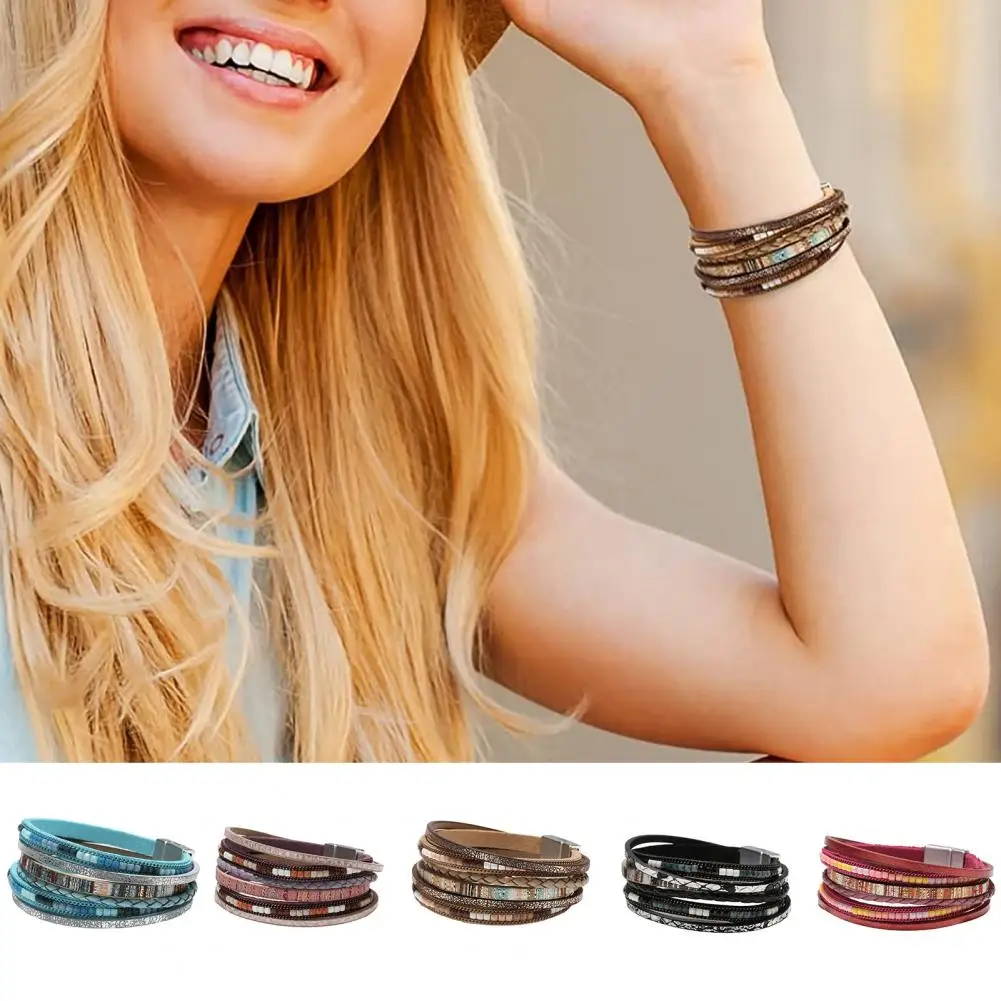 Women Bracelet Boho Style Multi-layer Women's Faux Leather Bracelet Handmade Ethnic Cuff Jewelry Fashion Women Bracelet