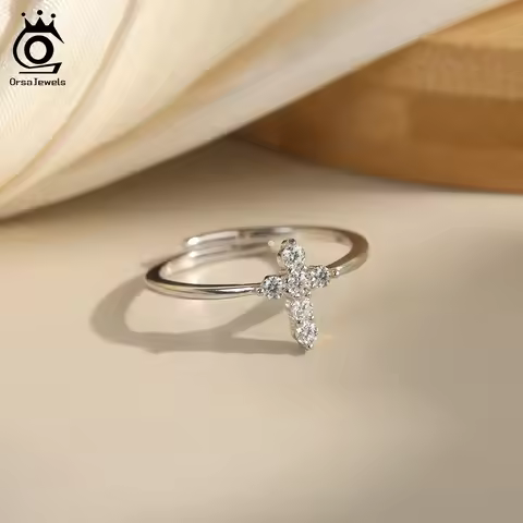 ORSA JEWELS Sparkling 925 Sterling Silver Cross Moissanite Diamond Wedding Ring D Color Moissanite Finger Ring Jewelry MOR15