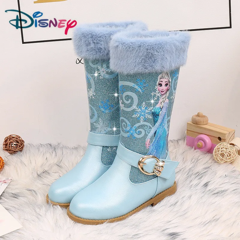 Disney Princess Elsa High Knee-length Boots Girls High-heeled Autumn Winter Warm Children Sequins Snow Shoes Frozen Boots