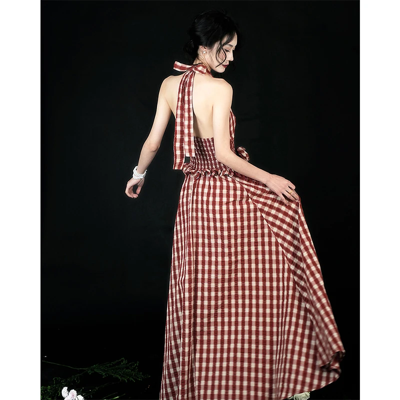 Mexzt vintage xadrez vestido longo feminino férias praia sexy halter floral maxi vestidos de verão coreano sem costas bodycon vestidos novo